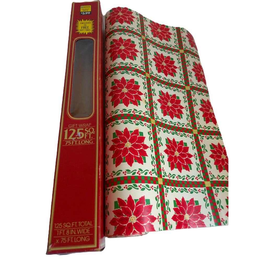 Vintage Artfaire Christmas Wrapping Paper Poinsettia Floral Partial Roll